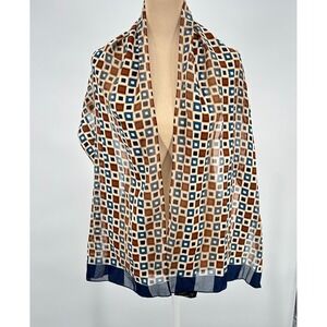 Art of the Scarf Tie Rack Italy Navy Blue Tan Geometric Square Print Scarf 60"